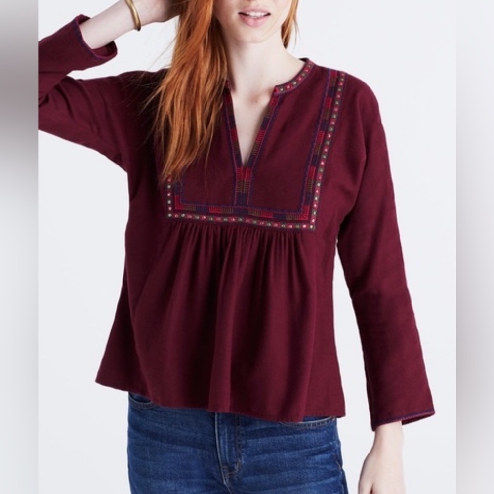 Madewell Burgundy Embroidered Boheme Popover Blouse - Size M